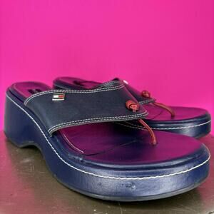 Tommy Hilfiger Navy Blue Leather Platform Toe Post Sandal US 7